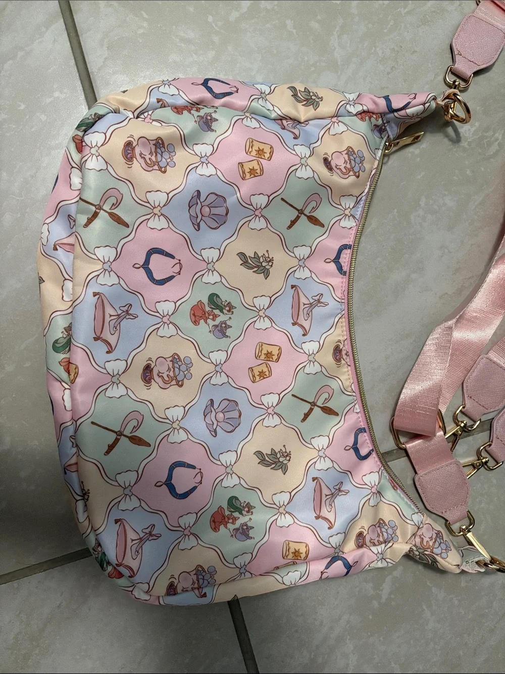 Pastel Pink Patterned Shoulder Bag with Removable Straps